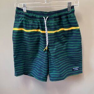 L.L. Bean‎ Striped Swim Trunks S Green Yellow Recycled Polyester Elastic Waist